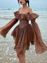 Brown Off Shoulder Long Sleeve Frill Mini Dress